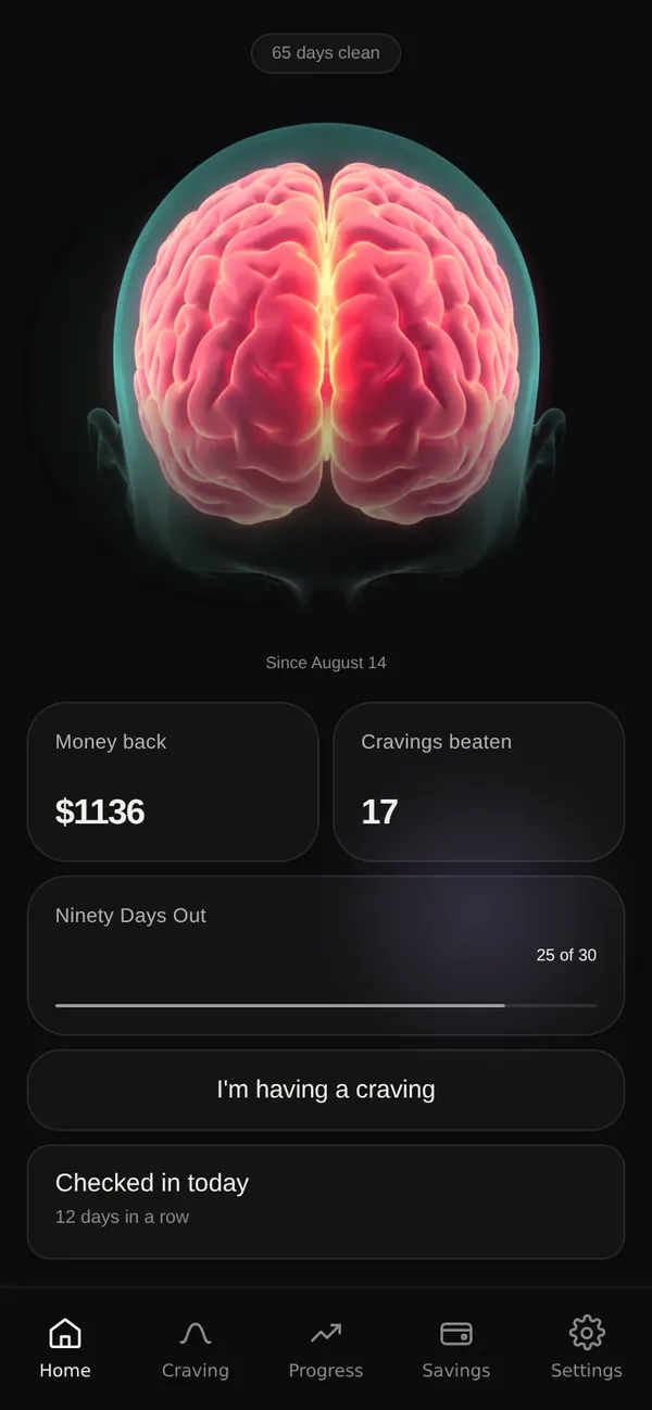 Unfog home screen: 65 days clean, money back, cravings beaten