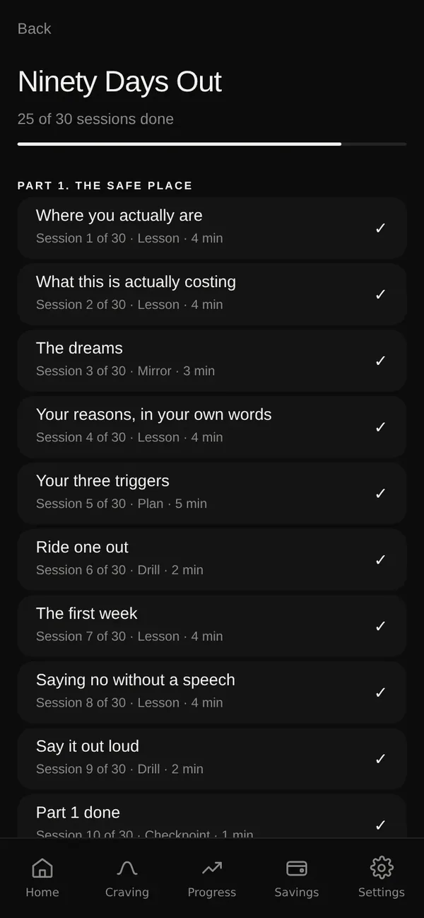 Unfog program list: Ninety Days Out, thirty sessions